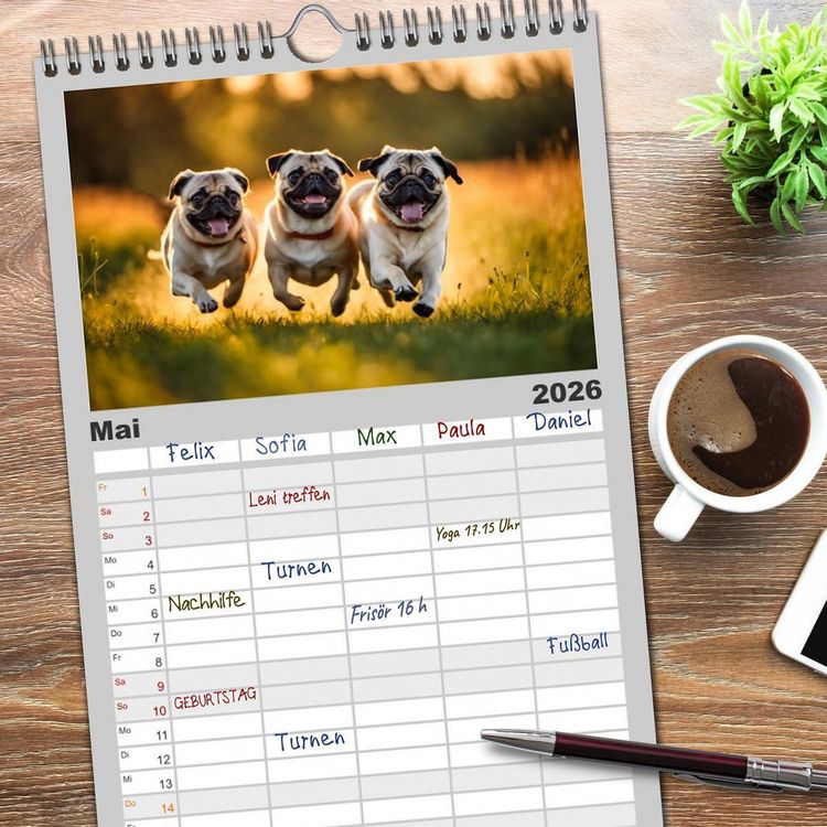 Produktbild: Familienplaner 2026 - M&ouml;pse - quirlige Charmebolzen mit 5 Spalten (Wandkalender, 21 x 45 cm) CALVENDO