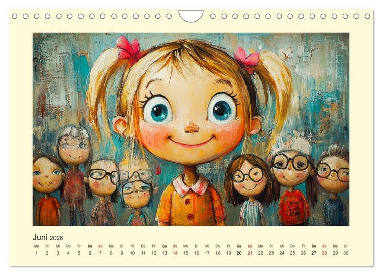 Produktbild: Fr&ouml;hliche Kinder. Bezaubernde Schulm&auml;dchen im &Ouml;lbilder-Stil (Wandkalender 2026 DIN A4 quer), CALVENDO Monatskalender