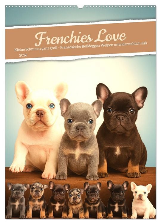Produktbild: Frenchies Love &ndash; Kleine Schnuten ganz gro&szlig; - Franz&ouml;sische Bulldoggen Welpen unwiderstehlich s&uuml;&szlig; (Wandkalender 2026 DIN A2 hoch), CALVENDO Monatskalender