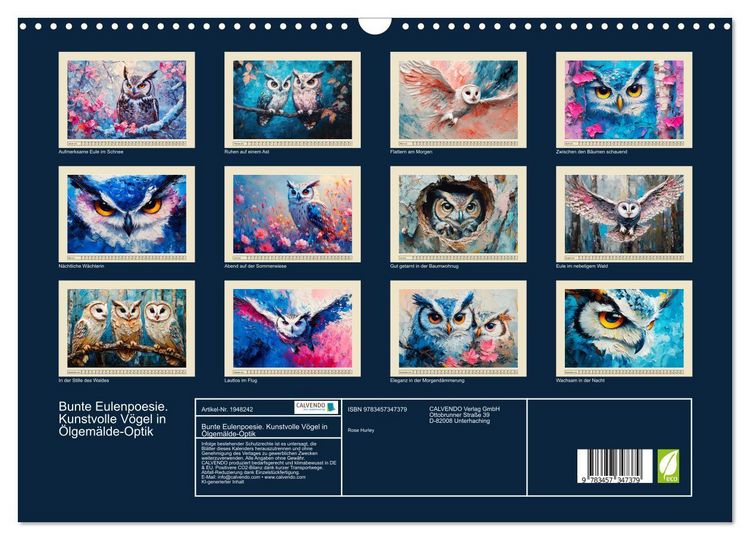 Produktbild: Bunte Eulenpoesie. Kunstvolle V&ouml;gel in &Ouml;lgem&auml;lde-Optik (Wandkalender 2026 DIN A3 quer), CALVENDO Monatskalender