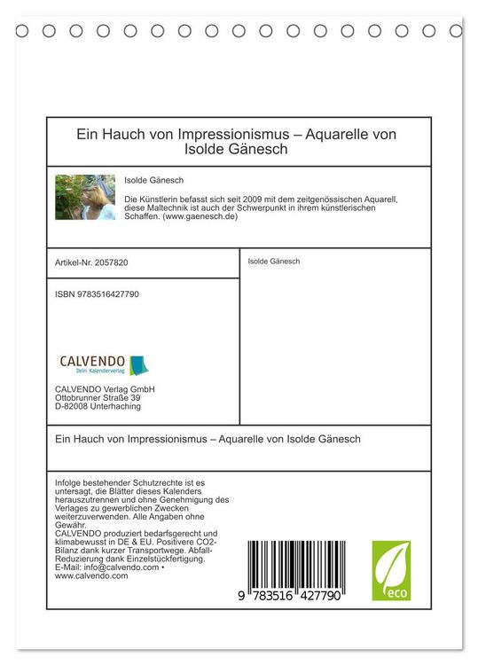 Produktbild: Ein Hauch von Impressionismus &ndash; Aquarelle von Isolde G&auml;nesch (Tischkalender 2026 DIN A5 hoch), CALVENDO Monatskalender