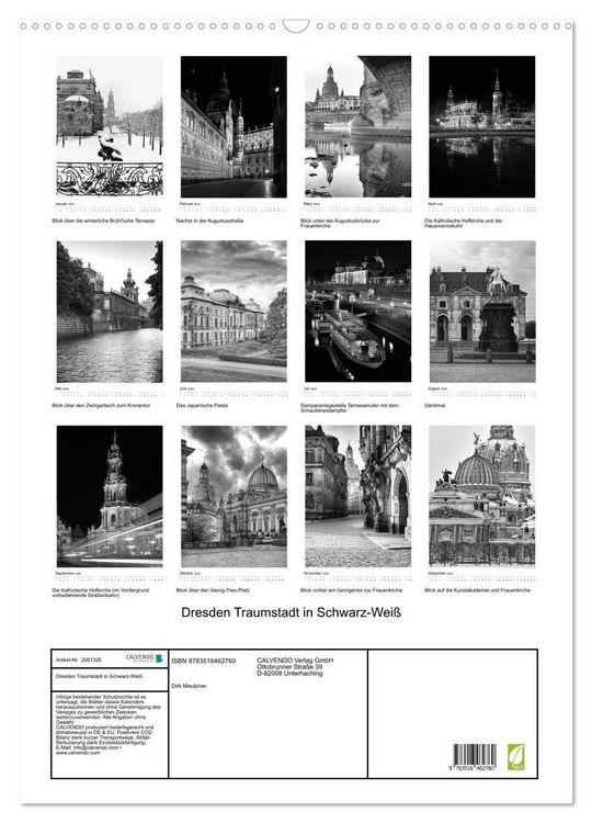 Produktbild: Dresden Traumstadt in Schwarz-Wei&szlig; (Wandkalender 2026 DIN A2 hoch), CALVENDO Monatskalender