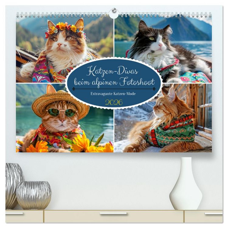 Produktbild: Katzen-Divas beim alpinen Fotoshoot. Extravagante Katzenmode (hochwertiger Premium Wandkalender 2026 DIN A2 quer), Kunstdruck in Hochglanz