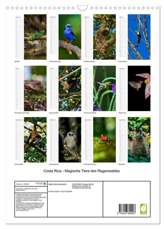 Produktbild: Costa Rica - Magische Tiere des Regenwaldes (Wandkalender 2027 DIN A3 hoch), CALVENDO Monatskalender