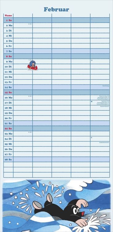 Produktbild: N NEUMANNVERLAGE - Der kleine Maulwurf 2026 Familienplaner, 22x45cm, Familienkalender mit 5 Spalten für Termine und Notizen, schöne Abbildungen, Stund