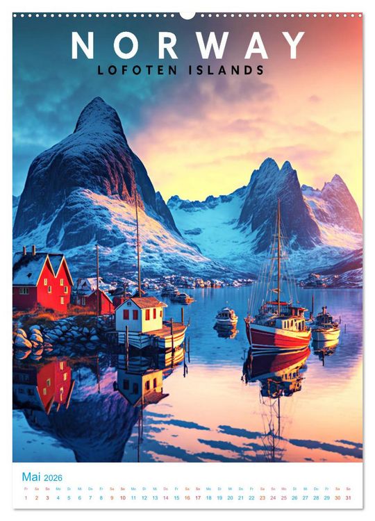 Produktbild: Lofoten - Old School Poster Style (Wandkalender 2026 DIN A2 hoch), CALVENDO Monatskalender