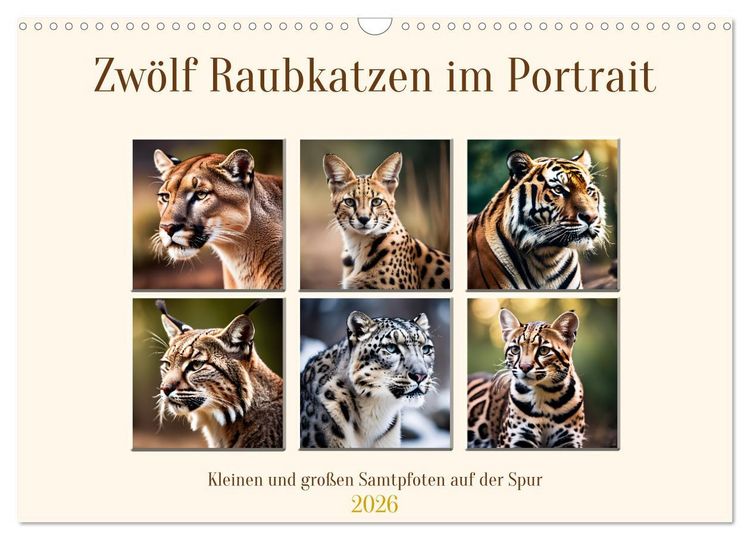 Produktbild: Zw&ouml;lf Raubkatzen im Portrait (Wandkalender 2026 DIN A3 quer), CALVENDO Monatskalender