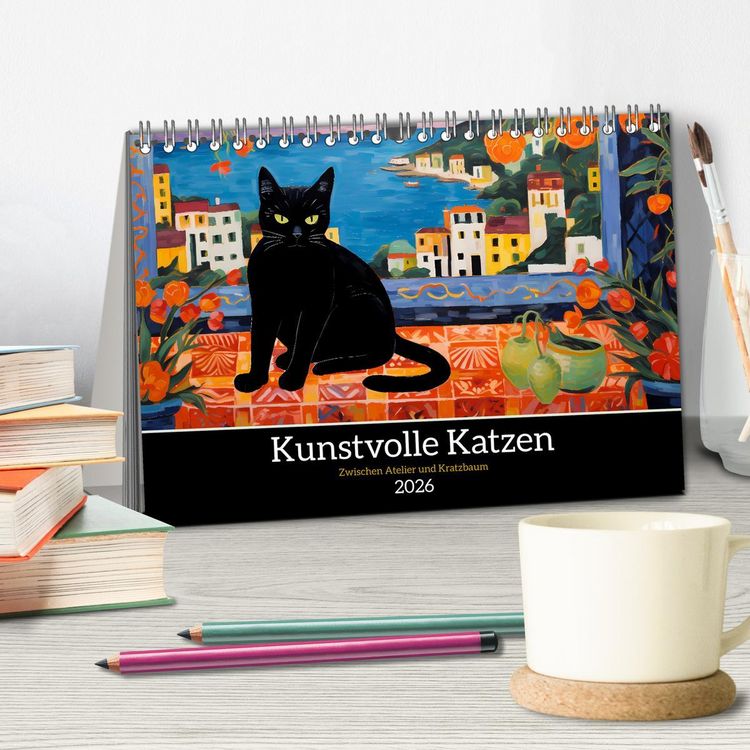 Produktbild: Kunstvolle Katzen (Tischkalender 2026 DIN A5 quer), CALVENDO Monatskalender