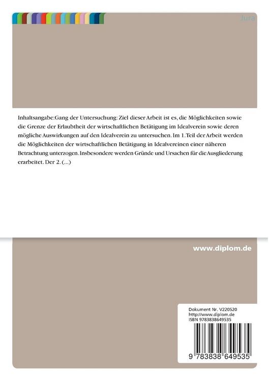 Produktbild: Die wirtschaftliche Bet&auml;tigung im Idealverein und deren Auswirkungen bei &Uuml;berschreiten der Grenze des Nebenzweckprivilegs auf Rechtsform und Gemeinn&uuml;tzigkeit unter der Ber&uuml;cksichtigung von Haftung und Vertretung