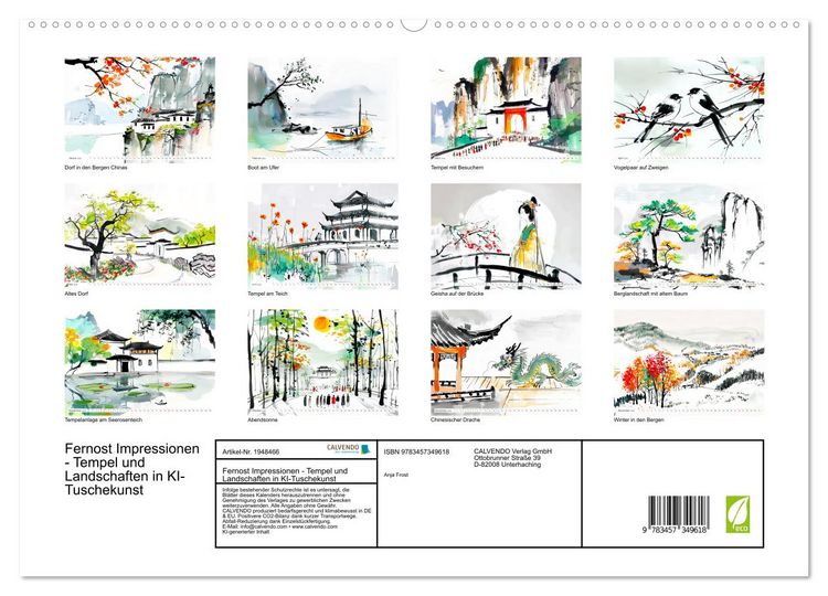 Produktbild: Fernost Impressionen - Tempel und Landschaften in KI-Tuschekunst (hochwertiger Premium Wandkalender 2026 DIN A2 quer), Kunstdruck in Hochglanz