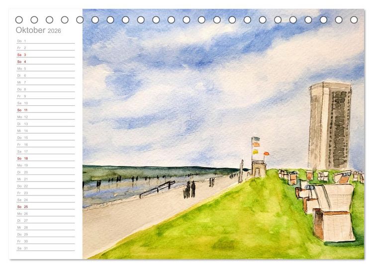 Produktbild: B&uuml;sum Aquarelle - Liebevolle Impressionen des beliebten Nordseebads (Tischkalender 2026 DIN A5 quer), CALVENDO Monatskalender