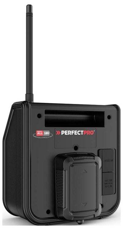 Produktbild: PerfectPro DPR2-18V Baustellenradio DAB+, UKW AUX, Bluetooth&reg;, DAB+, UKW spritzwassergesch&uuml;tzt, staubdicht, sto&szlig;fest Schwarz
