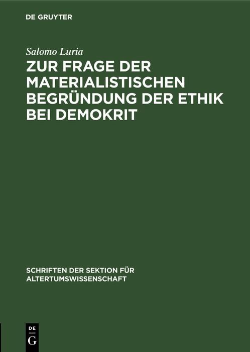 Produktbild: Zur Frage der materialistischen Begr&uuml;ndung der Ethik bei Demokrit