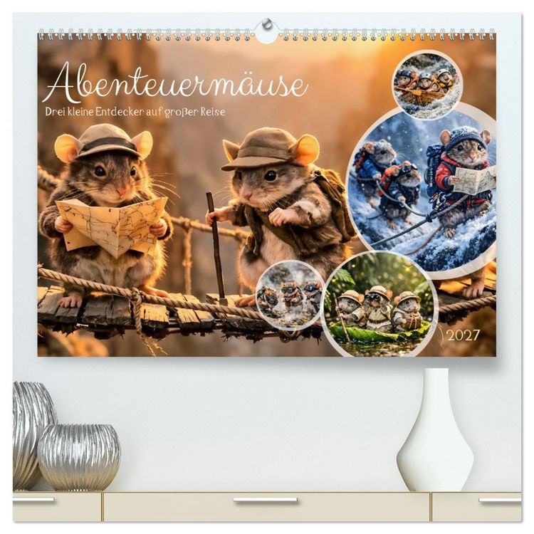Produktbild: Abenteuerm&auml;use - Drei kleine Entdecker auf gro&szlig;er Reise (hochwertiger Premium Wandkalender 2027 DIN A2 quer), Kunstdruck in Hochglanz