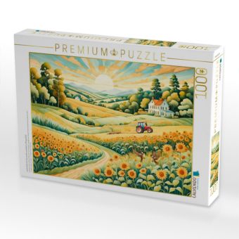 Produktbild: CALVENDO Puzzle Landschaft mit Sonnenblumenfeld im Morgenlicht | 1000 Teile Lege-Gr&ouml;&szlig;e 64x48cm Foto-Puzzle f&uuml;r gl&uuml;ckliche Stunden
