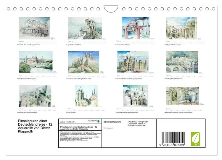 Produktbild: Pinselspuren einer Deutschlandreise - 12 Aquarelle von Dieter Klapproth (Wandkalender 2026 DIN A4 quer), CALVENDO Monatskalender