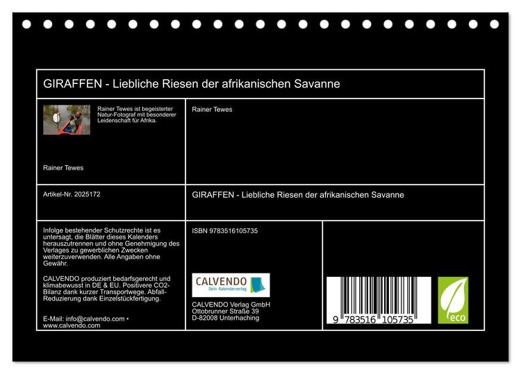 Produktbild: GIRAFFEN - Liebliche Riesen der afrikanischen Savanne (Tischkalender 2026 DIN A5 quer), CALVENDO Monatskalender
