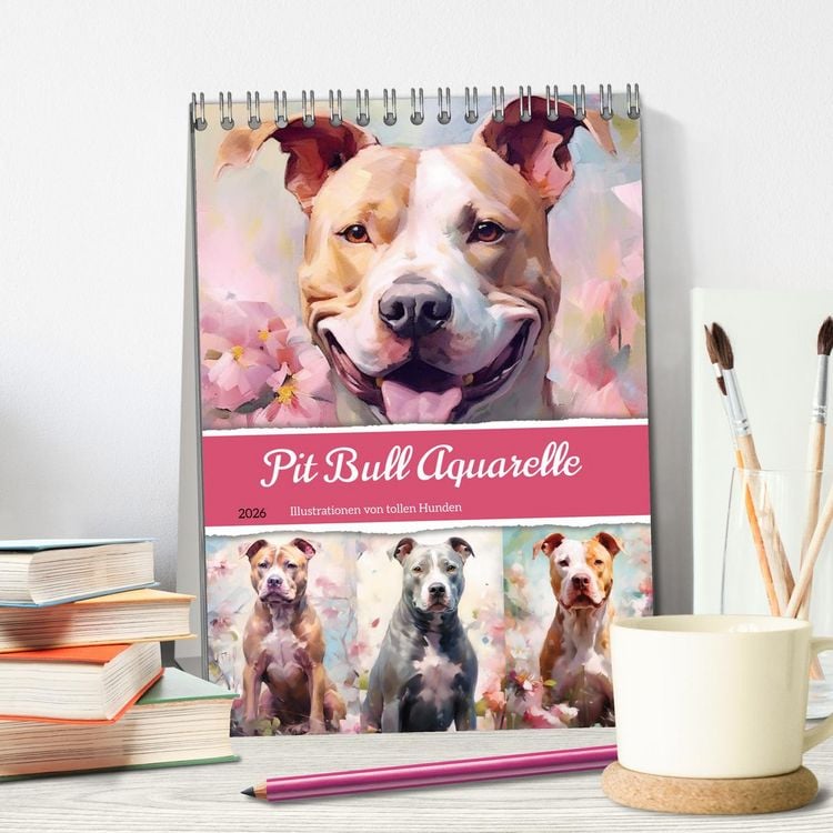 Produktbild: Pit Bull Aquarelle. Illustrationen von tollen Hunden (Tischkalender 2026 DIN A5 hoch), CALVENDO Monatskalender