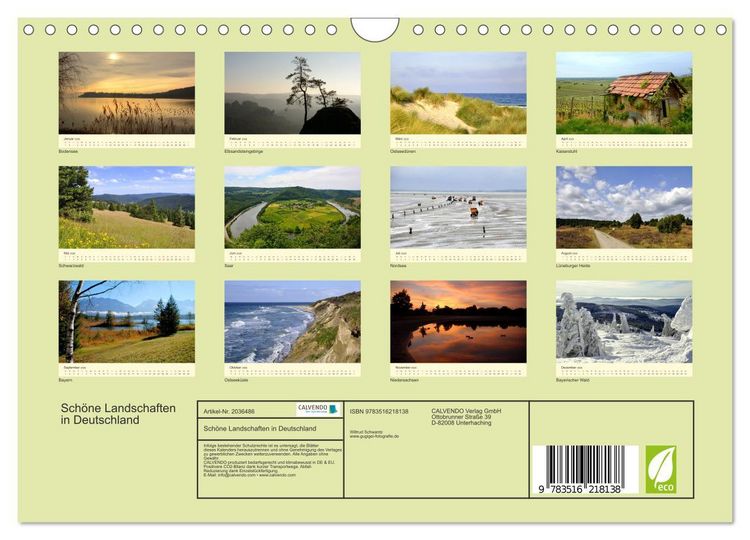 Produktbild: Sch&ouml;ne Landschaften in Deutschland (Wandkalender 2026 DIN A4 quer), CALVENDO Monatskalender