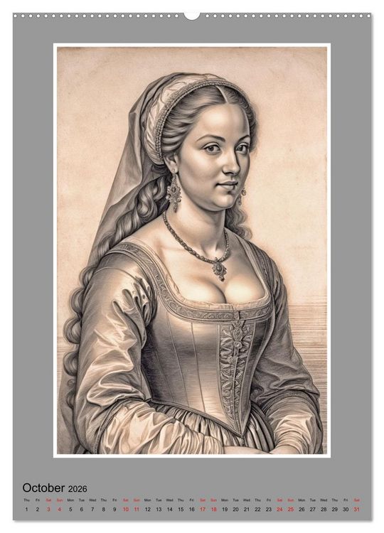 Produktbild: Baroque Beauties, Pencil Art with Artificial Intelligence (Wall Calendar 2026 DIN A2 portrait), CALVENDO 12 Month Wall Calendar