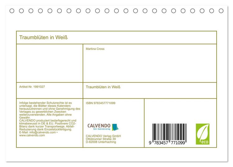 Produktbild: Traumbl&uuml;ten in Wei&szlig; (Tischkalender 2026 DIN A5 quer), CALVENDO Monatskalender