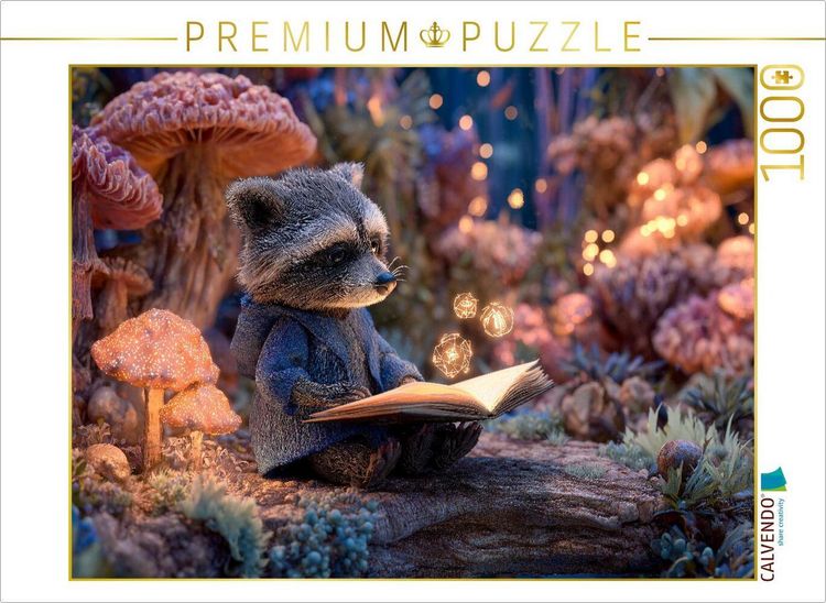 Produktbild: CALVENDO Puzzle Zauberhafter Waschb&auml;r liest Magie im Feenwald | 1000 Teile Lege-Gr&ouml;&szlig;e 64x48cm Foto-Puzzle f&uuml;r gl&uuml;ckliche Stunden