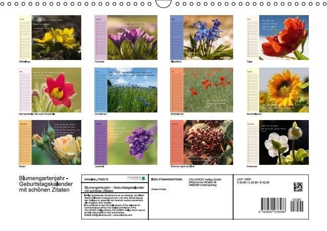 Produktbild: Blumengartenjahr - Geburtstagskalender mit sch&ouml;nen Zitaten (Wandkalender immerw&auml;hrend DIN A3 quer)