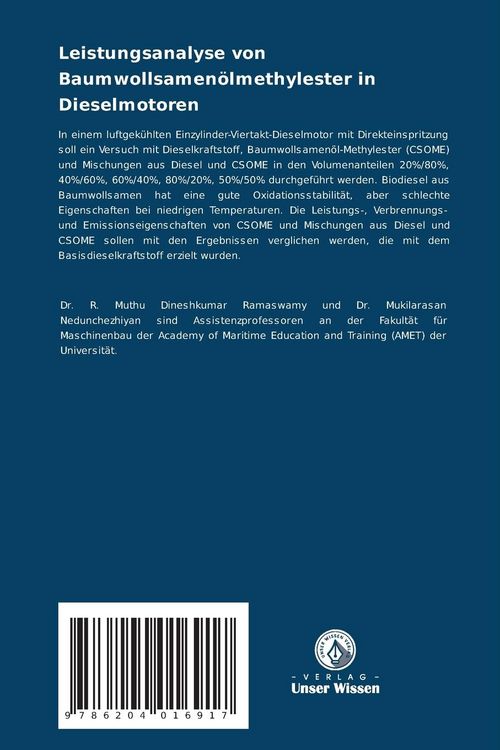 Produktbild: Leistungsanalyse von Baumwollsamen&ouml;lmethylester in Dieselmotoren