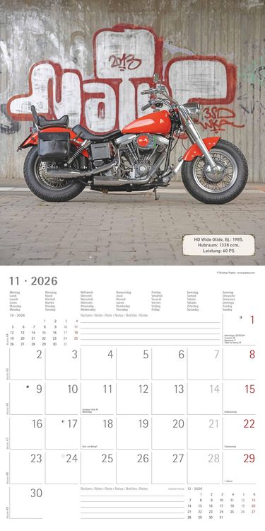 Produktbild: Harleys 2026 - Broschürenkalender 30x30 cm (30x60 geöffnet) - Kalender mit Platz für Notizen - Motorräder - Bildkalender - Wandplaner - Harley-Davidso