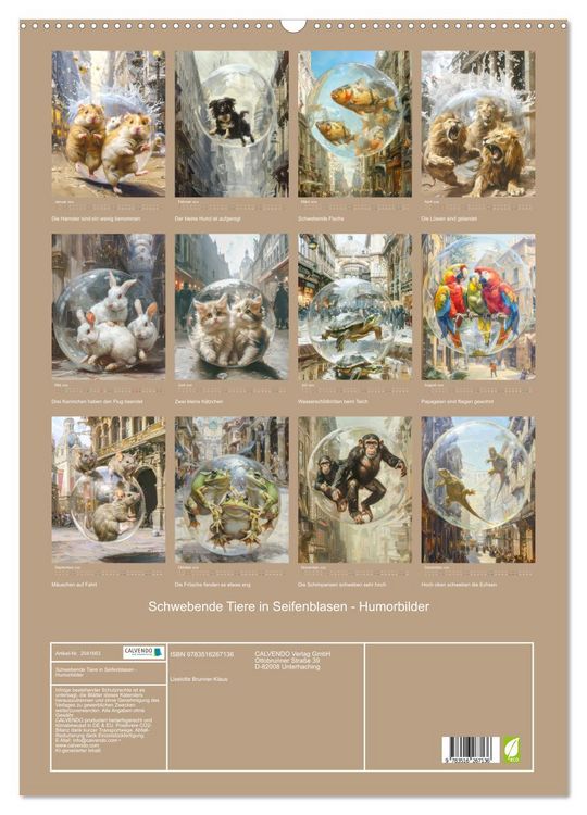Produktbild: Schwebende Tiere in Seifenblasen - Humorbilder (Wandkalender 2026 DIN A2 hoch), CALVENDO Monatskalender