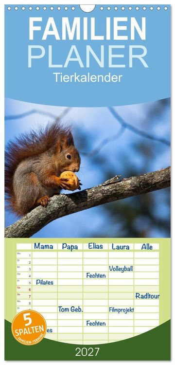 Produktbild: Familienplaner 2027 - Tierkalender 2027 mit 5 Spalten (Wandkalender, 21 x 45 cm) CALVENDO