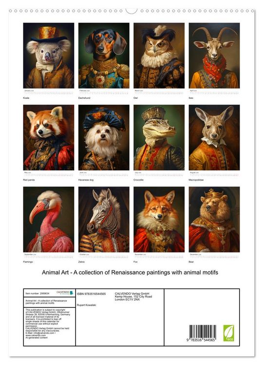 Produktbild: Animal Art - A collection of Renaissance paintings with animal motifs (High Quality Premium Wall Calendar 2026 DIN A2 portrait),CALVENDO 12 Month Wall Calendar