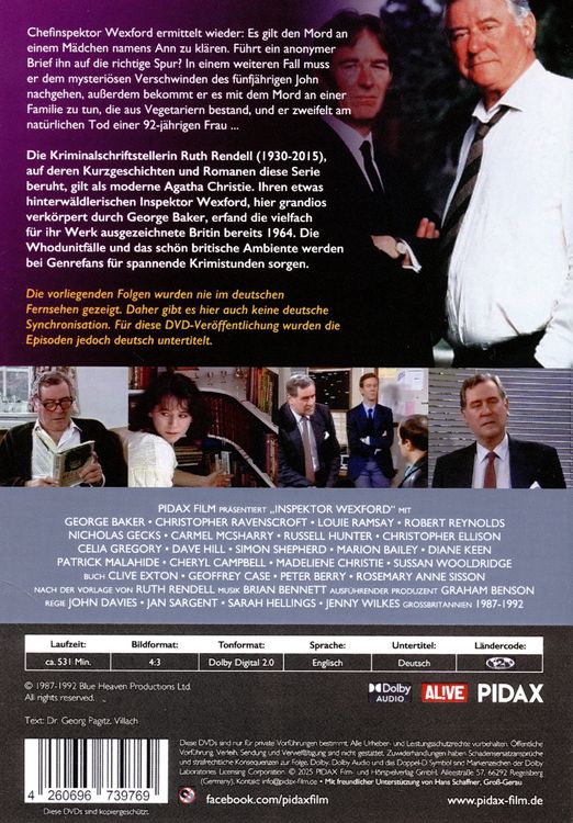 Produktbild: Inspektor Wexford ermittelt, Vol. 4 (The Ruth Rendell Mysteries) / Sechs spannende Langfolgen der legend&auml;ren Krimiserie in Originalfassung mit deutschen Untertiteln (Pidax Serien-Klassiker) [3 DVDs]