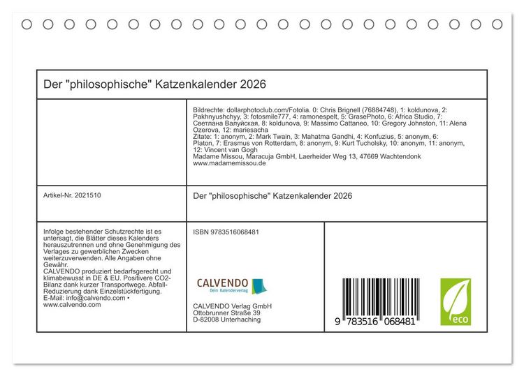 Produktbild: Der "philosophische" Katzenkalender 2026 (Tischkalender 2026 DIN A5 quer), CALVENDO Monatskalender