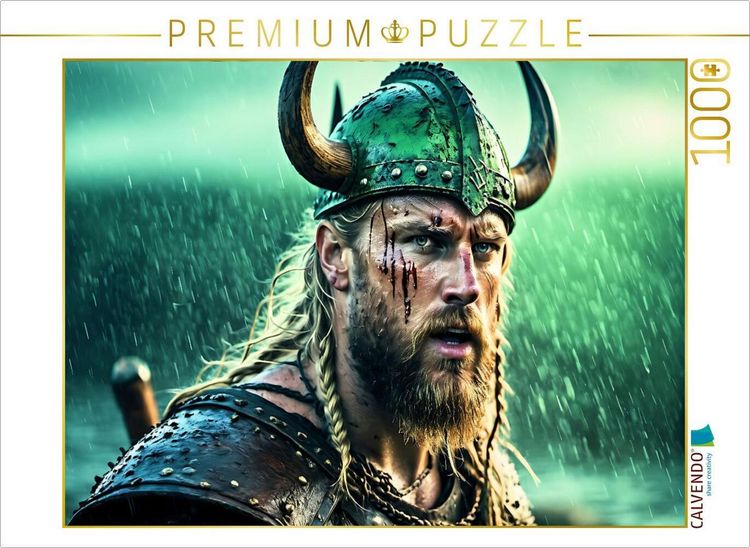 Produktbild: CALVENDO Puzzle Vom Kampf gezeichneter Wikinger mit geh&ouml;rntem Helm im Schein des Nordlichts | 1000 Teile Lege-Gr&ouml;&szlig;e 64x48cm Foto-Puzzle f&uuml;r gl&uuml;ckliche