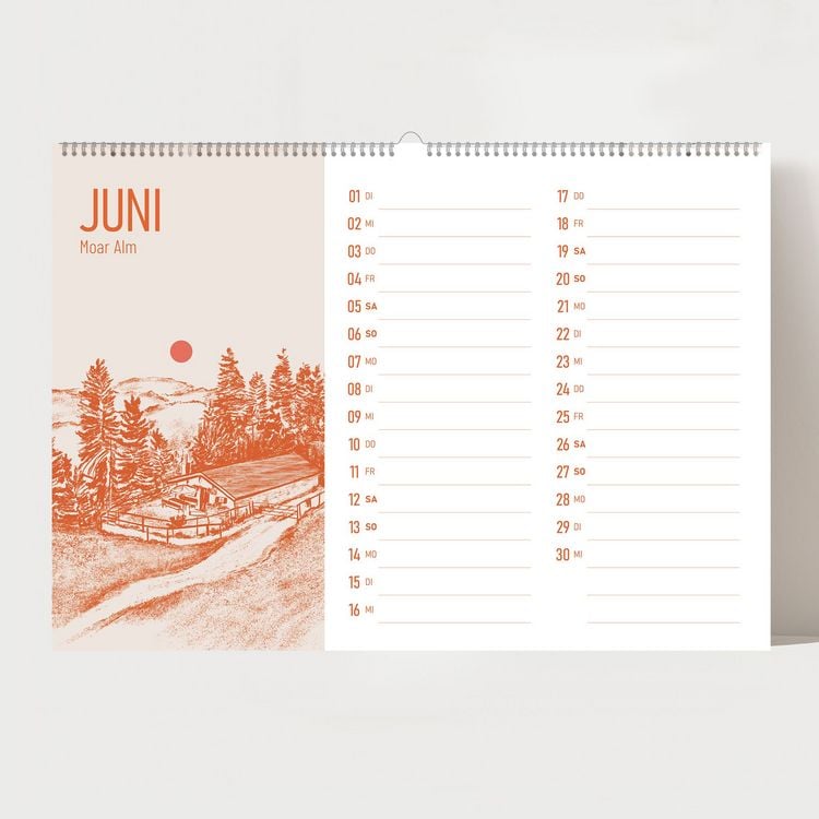 Produktbild: Alm Kalender 2027 &ndash; Chiemgauer Alpen | Handgezeichneter Wandkalender mit 12 Almen | Illustrativer Monatskalender, A4 quer