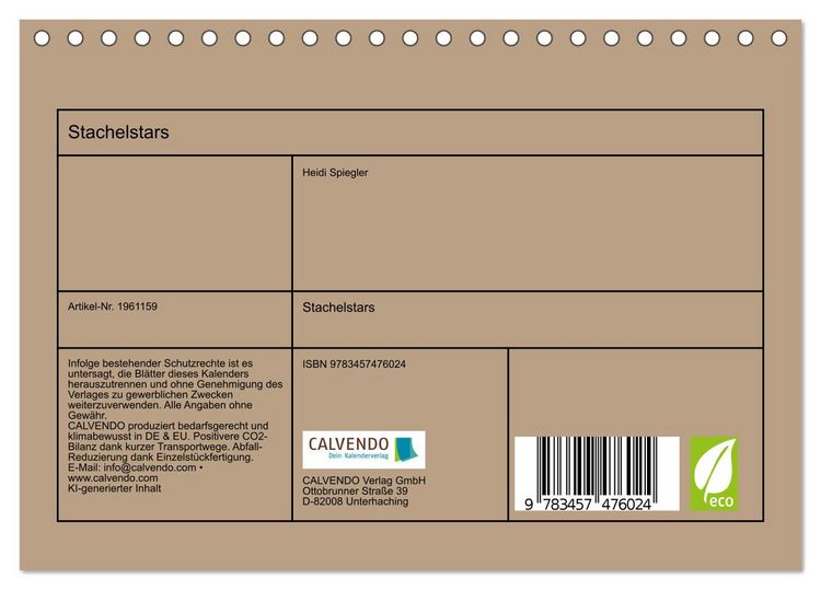Produktbild: Stachelstars (Tischkalender 2026 DIN A5 quer), CALVENDO Monatskalender