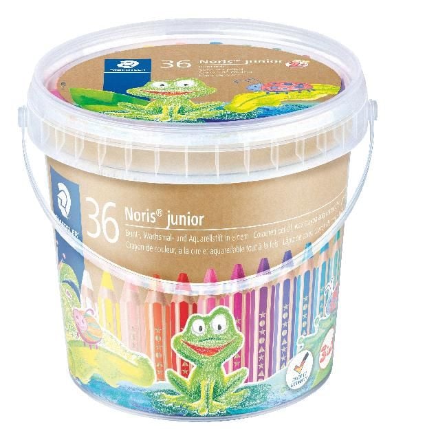 Produktbild: STAEDTLER Noris junior 140 Kindermalstift 3 in 1, Eimer mit 36 Malstiften in 18 sortierten Farben und 3 Spitzern, 140 C36