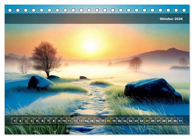 Produktbild: Verschneite Landschaft unter einer fahlen Wintersonne (Tischkalender 2026 DIN A5 quer), CALVENDO Monatskalender