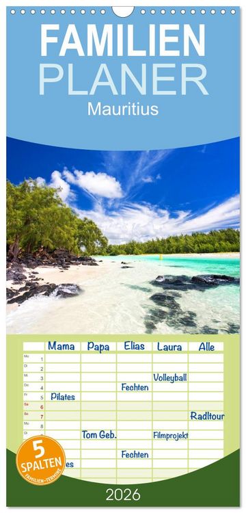 Produktbild: Familienplaner 2026 - Mauritius mit 5 Spalten (Wandkalender, 21 x 45 cm) CALVENDO