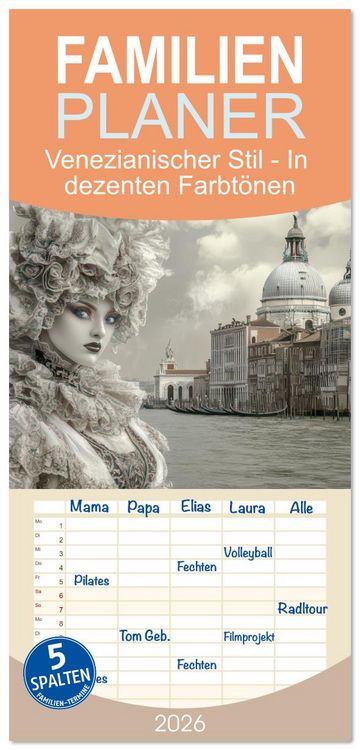 Produktbild: Familienplaner 2026 - Venezianischer Stil - In dezenten Farbt&ouml;nen mit 5 Spalten (Wandkalender, 21 x 45 cm) CALVENDO