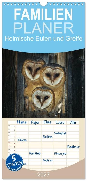 Produktbild: Familienplaner 2027 - Heimische Eulen und Greife mit 5 Spalten (Wandkalender, 21 x 45 cm) CALVENDO