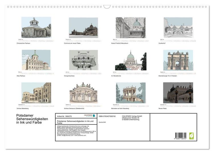 Produktbild: Potsdamer Sehensw&uuml;rdigkeiten in Ink und Farbe (Wandkalender 2026 DIN A2 quer), CALVENDO Monatskalender