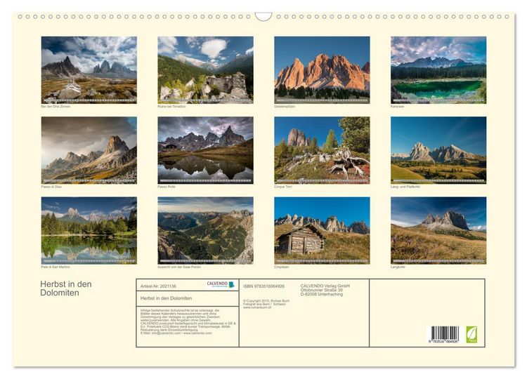 Produktbild: Herbst in den Dolomiten (Wandkalender 2026 DIN A2 quer), CALVENDO Monatskalender