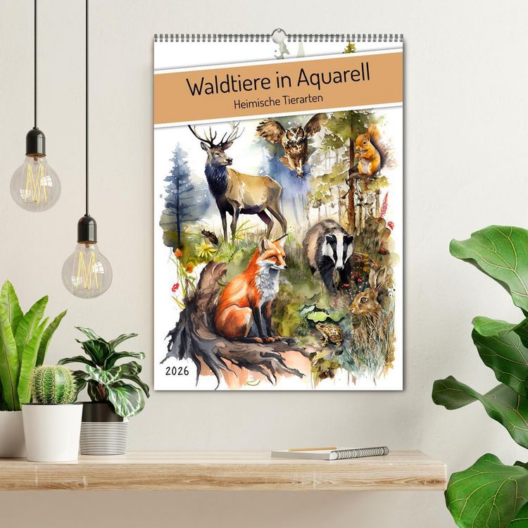 Produktbild: Waldtiere in Aquarell - Heimische Tierarten (Wandkalender 2026 DIN A2 hoch), CALVENDO Monatskalender