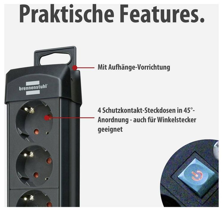 Produktbild: Brennenstuhl 1951140100 Steckdosenleiste mit Schalter 4fach Schwarz Schutzkontakt 1St.