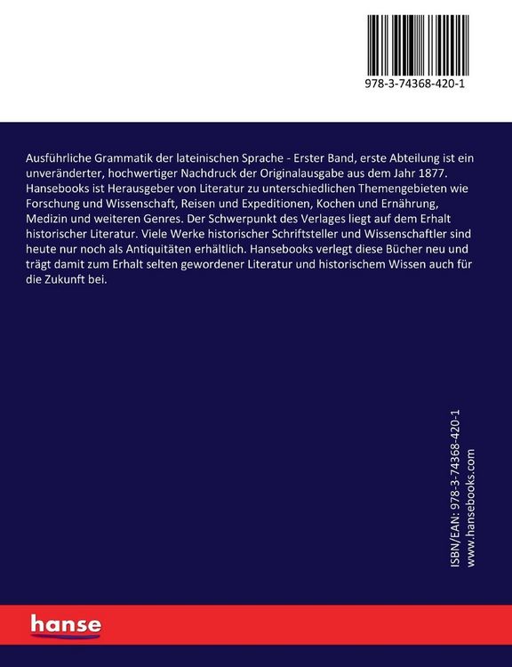 Produktbild: Ausf&uuml;hrliche Grammatik der lateinischen Sprache