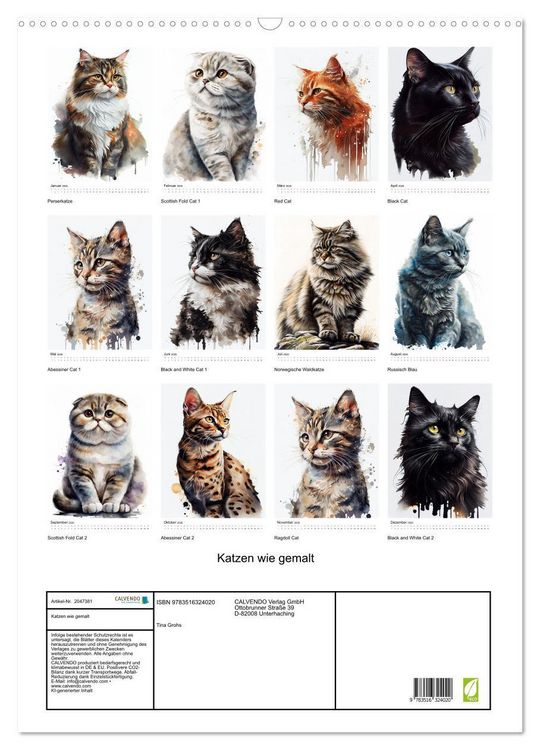 Produktbild: Katzen wie gemalt (Wandkalender 2026 DIN A2 hoch), CALVENDO Monatskalender
