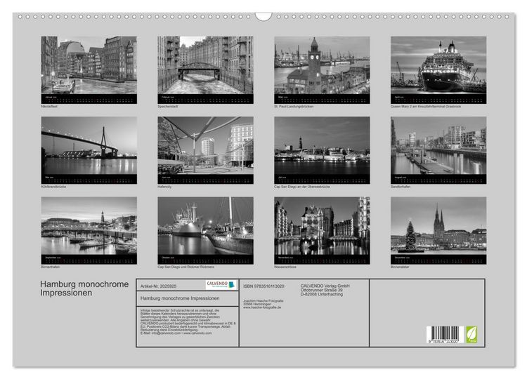 Produktbild: Hamburg monochrome Impressionen (Wandkalender 2026 DIN A2 quer), CALVENDO Monatskalender