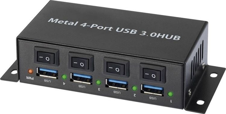 Produktbild: Renkforce RF-3955362 USB-Hub 4 Port USB-A USB 3.0 5 GBit/s Metallgeh&auml;use, einzeln schaltbar, zur Wandmontage Schwarz RF-3955362